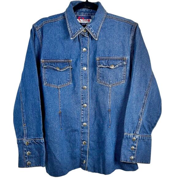 Comfort Tops - Vintage 80s Western Coastal Cowgirl Denim Snap Chore Shirt Jacket Plus Size 16